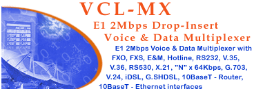 VCL-MX, 2Mbps E1 Drop Insert (Add Drop) Multiplexer with FXO, FXS, E&M, Hotline, RS232, V.24, G.703, iDSL, V.35, V.36, X.21, RS530, G.SHDSL, 10Base-T Ethernet Bridge, 10Base-T Router interfaces